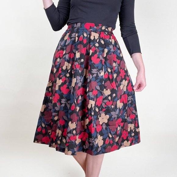 Vintage Liberty of London Dark Floral Print Pleated High Rise Midi Skirt Preppy - Picture 2 of 10